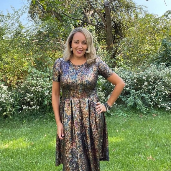 Lularoe Elegant Unicorn Amelia Dress Oil Slick Rainbow Mermaid Metallic - Picture 4 of 14